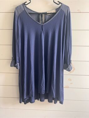 Sinuous Flowy Indigo V-Neck Tunic dress with Contrast Shoulders